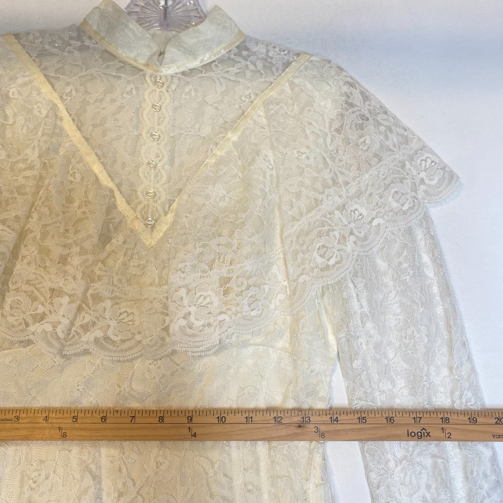 Vintage 80s Union Made Wedding Dress S Cream Lacey Long Sleeve Modest Victorian - Picture 9 of 14